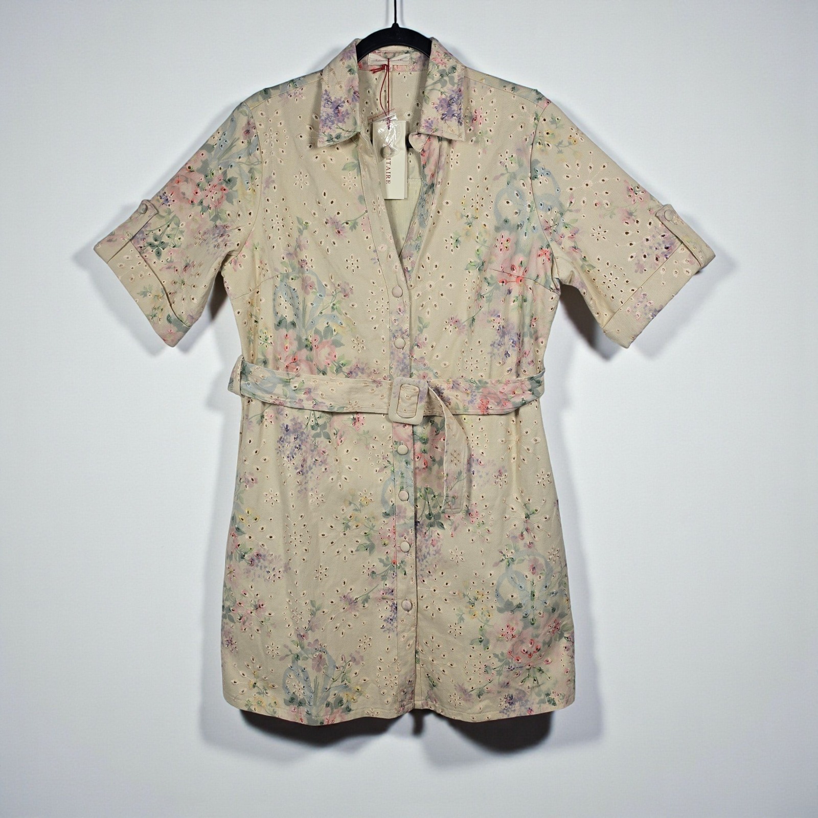 Solitaire Floral Eyelet Dress Woman Med Button Front Belted Short Sleeve Beige